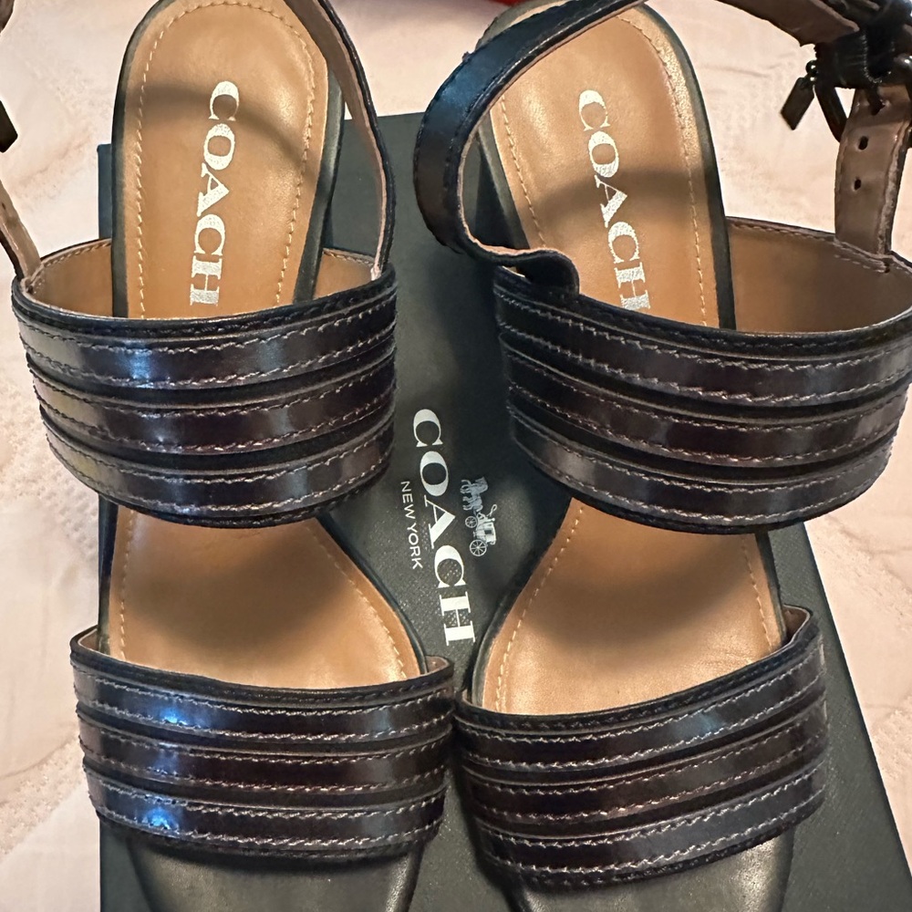 Coach Black Leather/Gunmetal colored Sandals with Ankle Strap